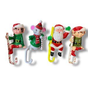 4 Vintage Hong Kong Mantle Sitter Christmas Stocking Holders Santa Elf Mouse